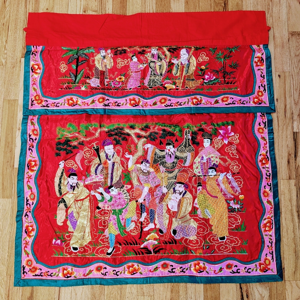 Antique Vintage Chinese Silk Altar Banner Eight Immortals Gold Silver Threads